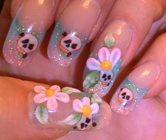 3d skull and flower nail art