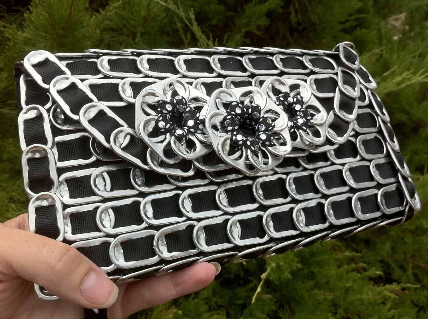 Ribbon and pop tab purse with tab flowers