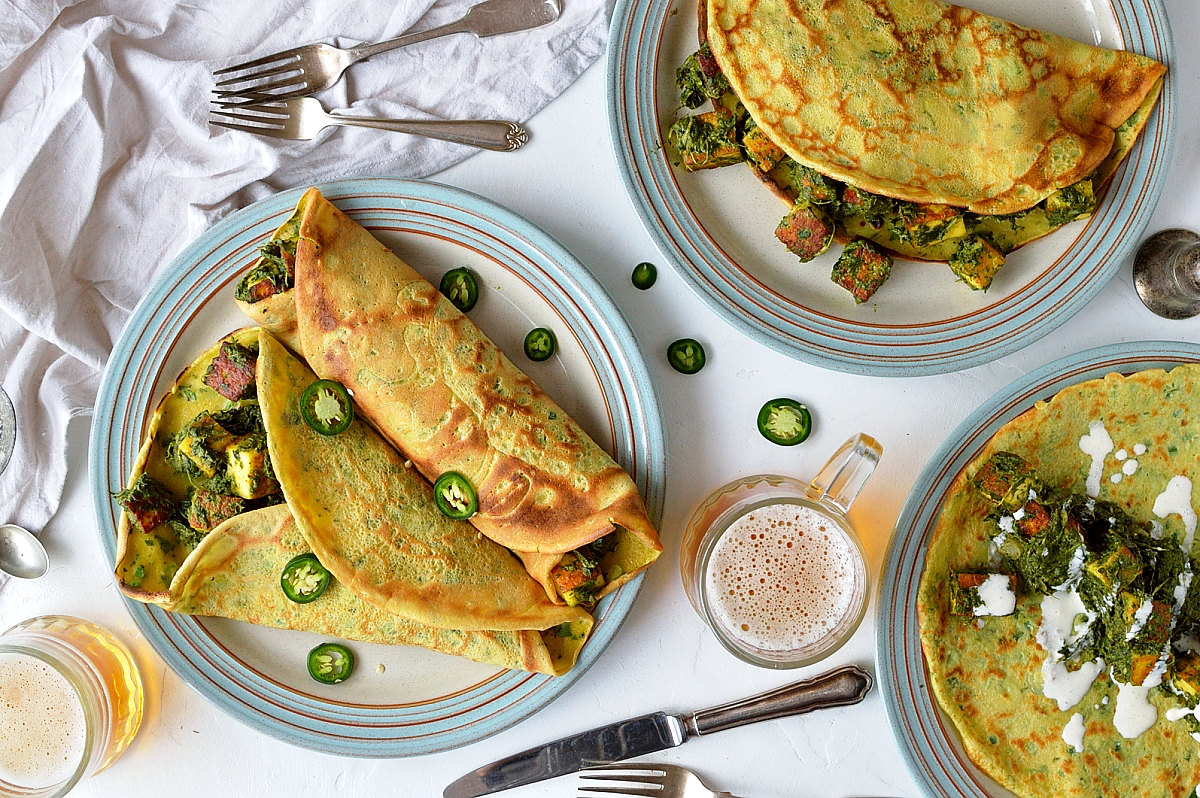 Savoury pancakes with spinach and paneer filling - get your greens in with this easy, delicious vegetarian meal.