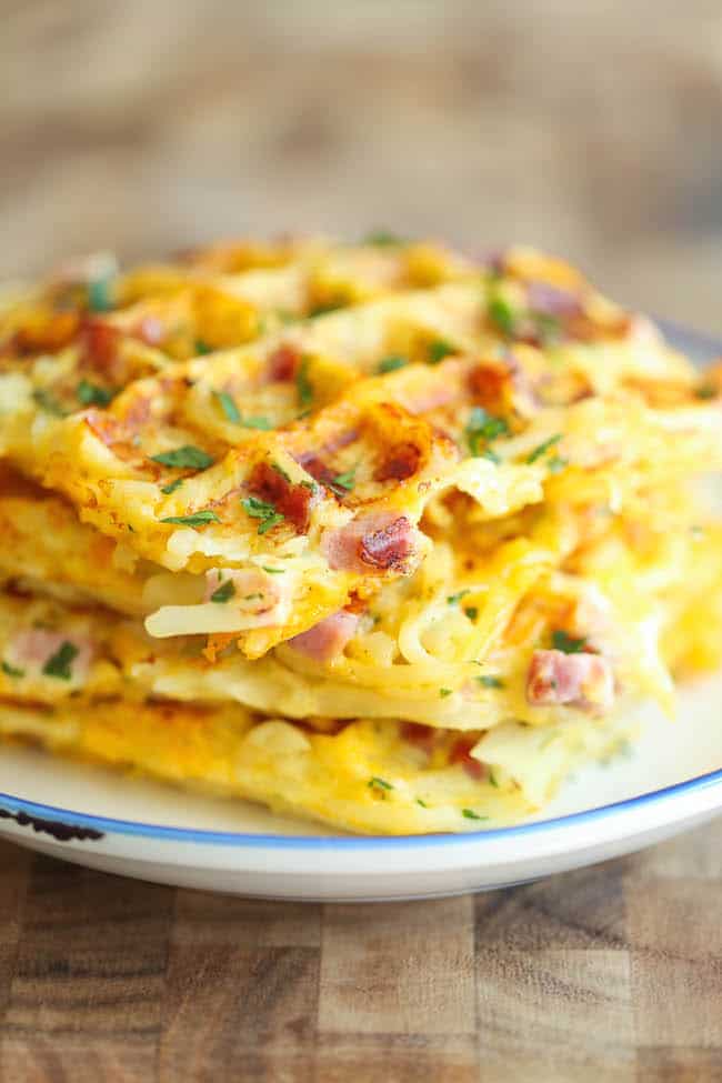 Ham and cheese hash brown waffles
