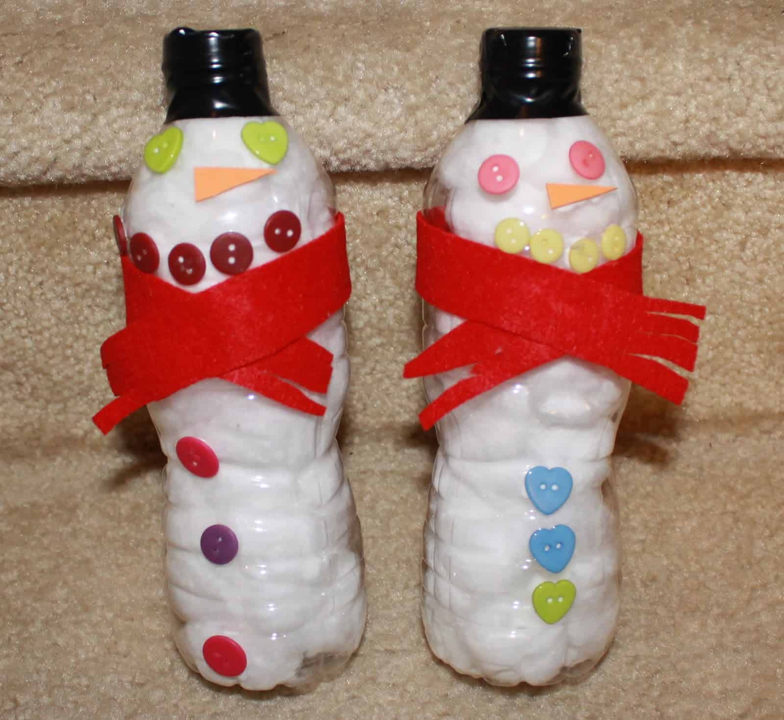 Upcycled water bottle snowmen