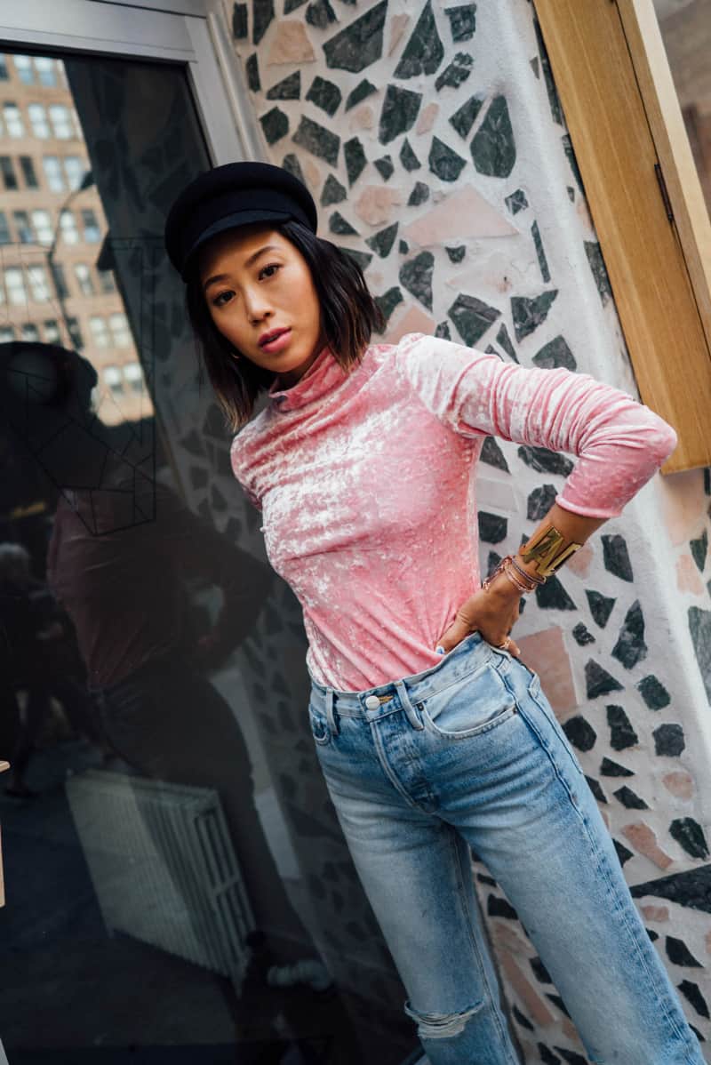 Pink velvet top and denim fall outfit idea