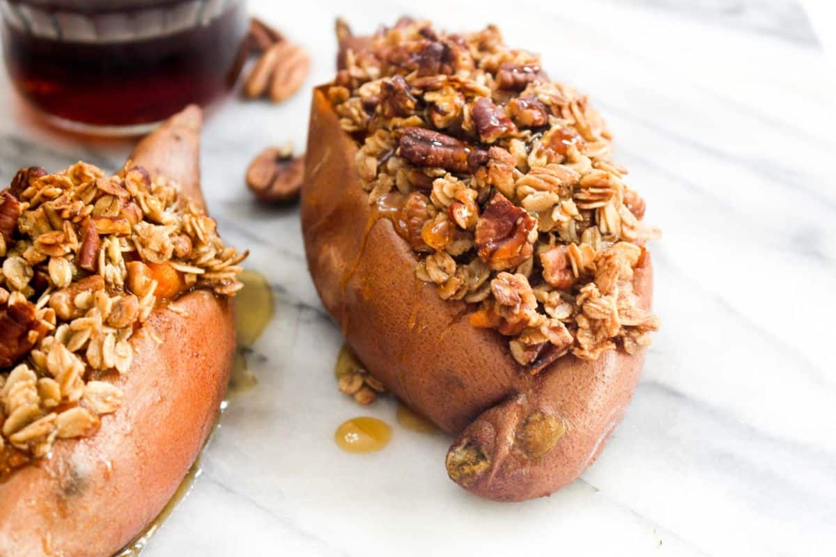 Crumble topped twice baked sweet potatoes stuffed