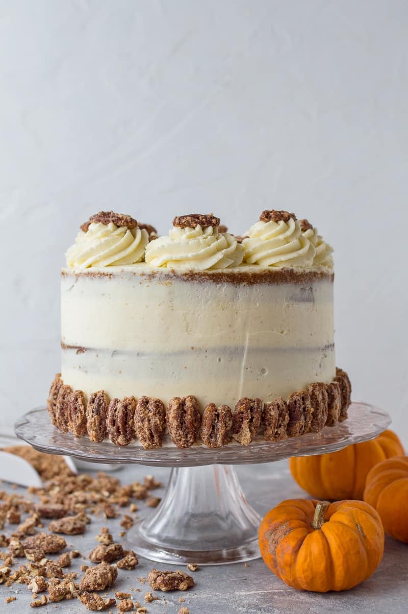 Delicious pumpkin layer cake with mascarpone cream and sugared pecans