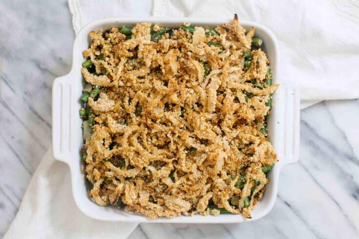 Healthy green bean casserole with homemade crispy onions