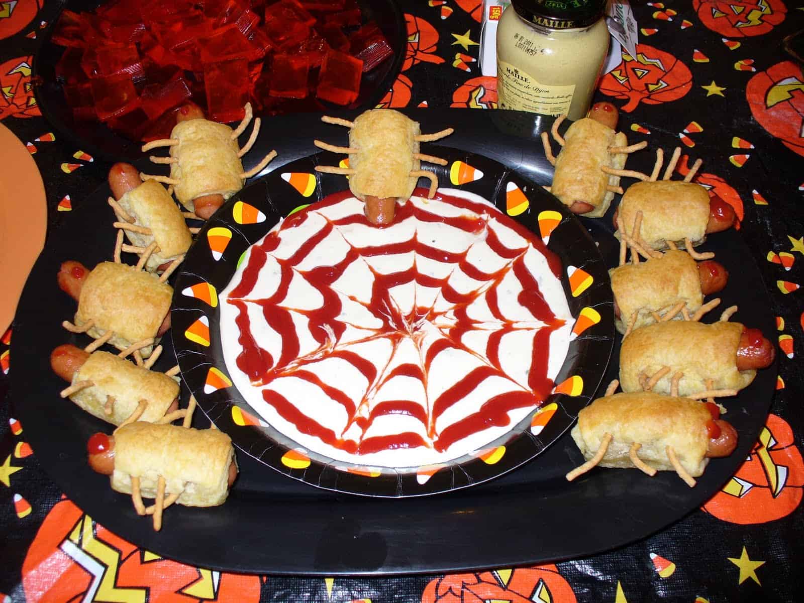 Buffet Halloween Party Food - Hot Dog Roll Spiders
