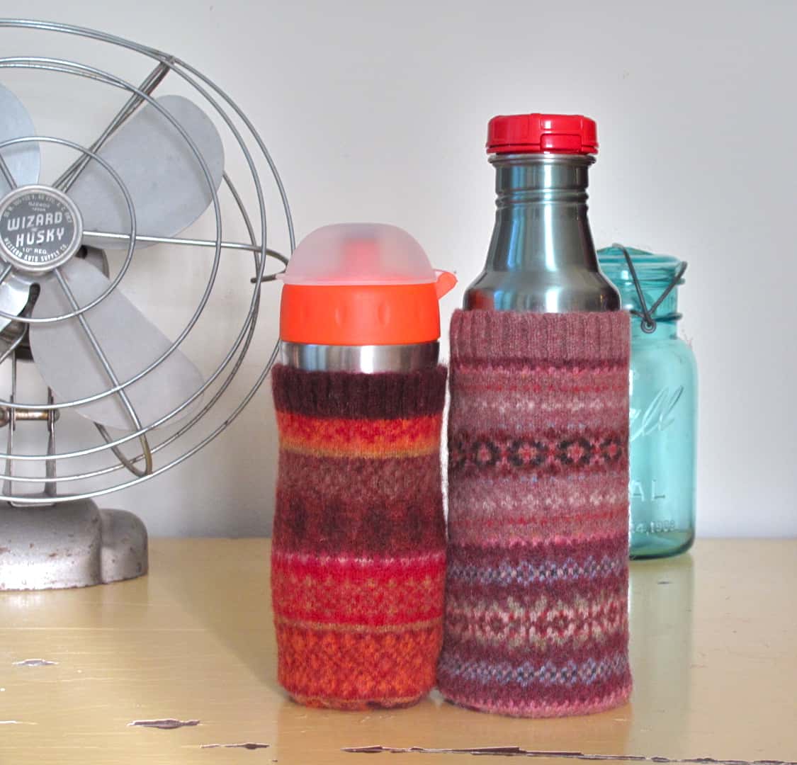 Upcycled sweater water bottle cozy