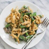 Cropped delicious healthy green bean casserole with homemade crispy onions jpg