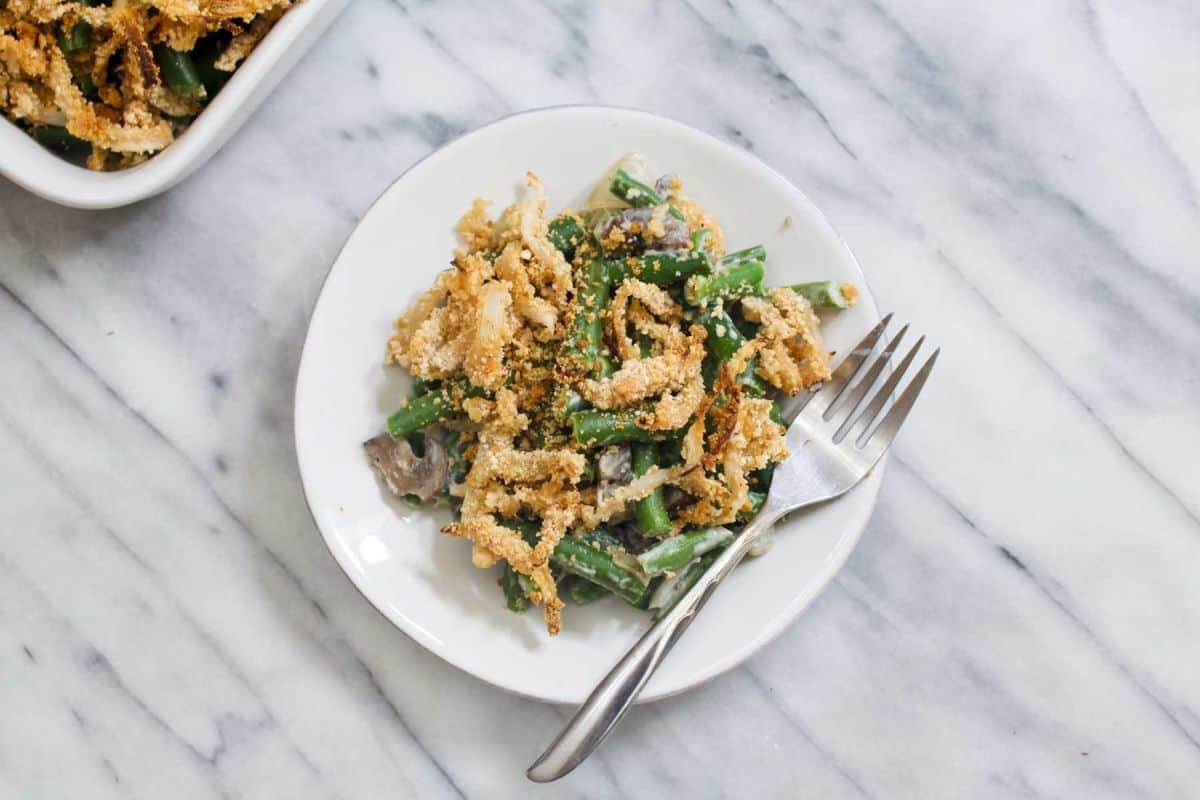 Delicious healthy green bean casserole with homemade crispy onions