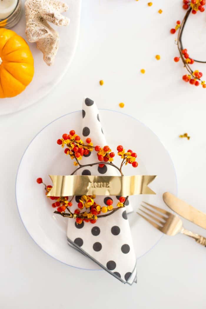 Gold Ribbon Stamped Place Cards - DIY Thanksgiving Craft