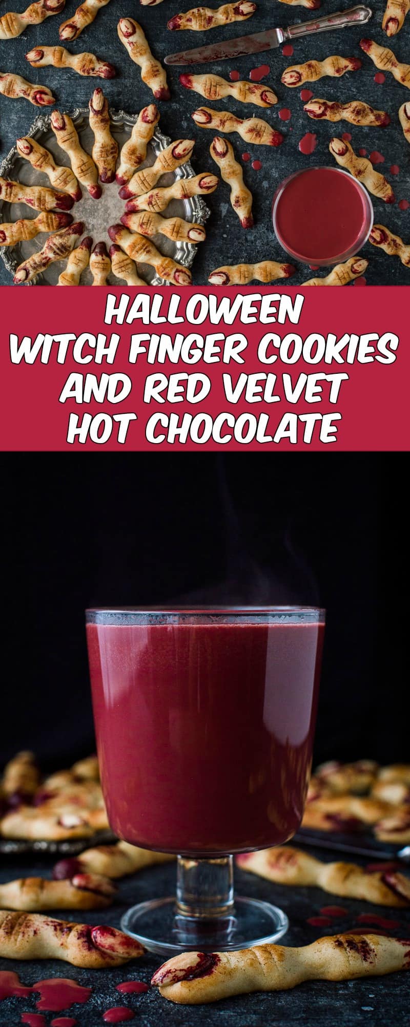 Halloween witch finger cookies and red velvet hot chocolate - a spooktacularly gruesome treat!