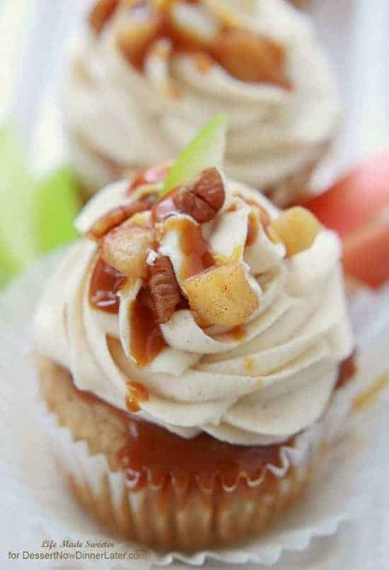 Apple pie cupcakes with salted caramel buttercream frosting