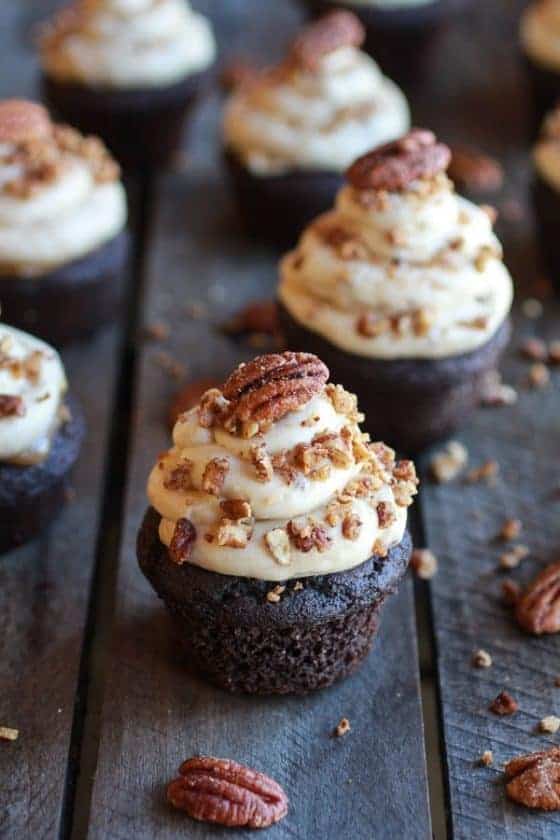 Chocolate bourbon pecan pie cupcakes with butter pecan frosting