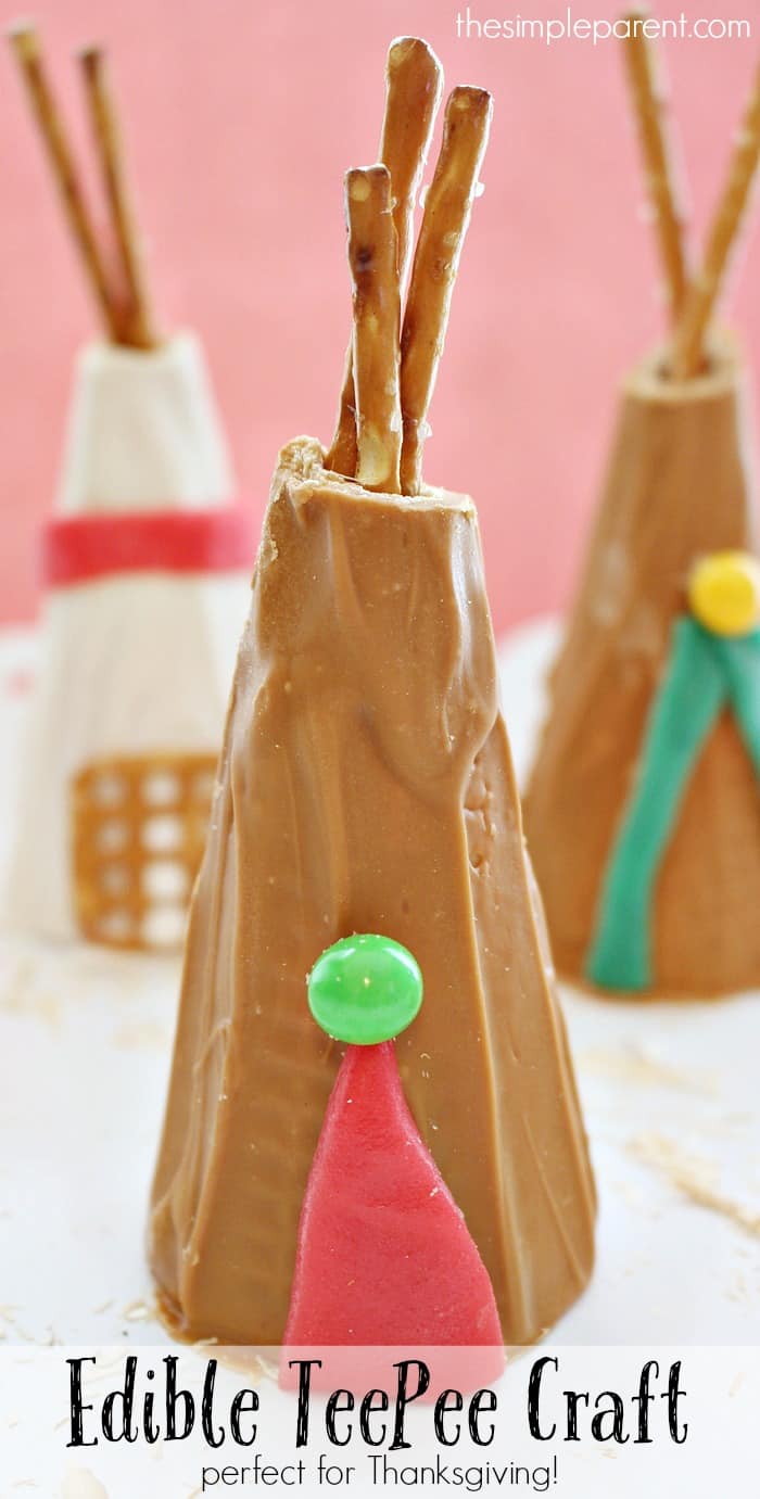 Chocolate covered ice cream cone and pretzel teepee