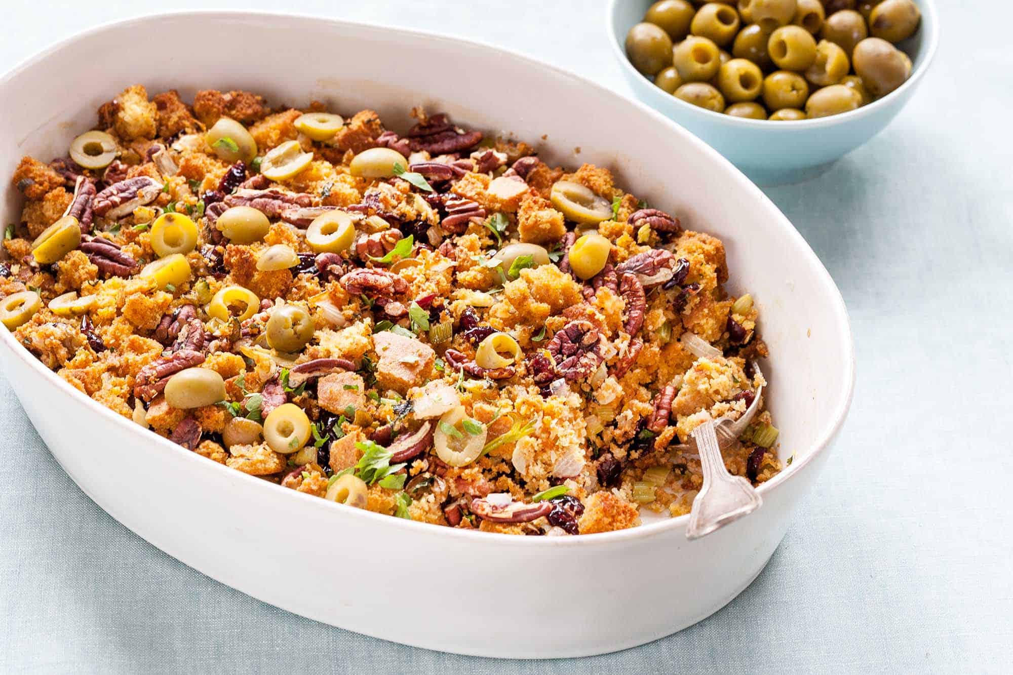 Cornbread stuffing with green olives and pecans