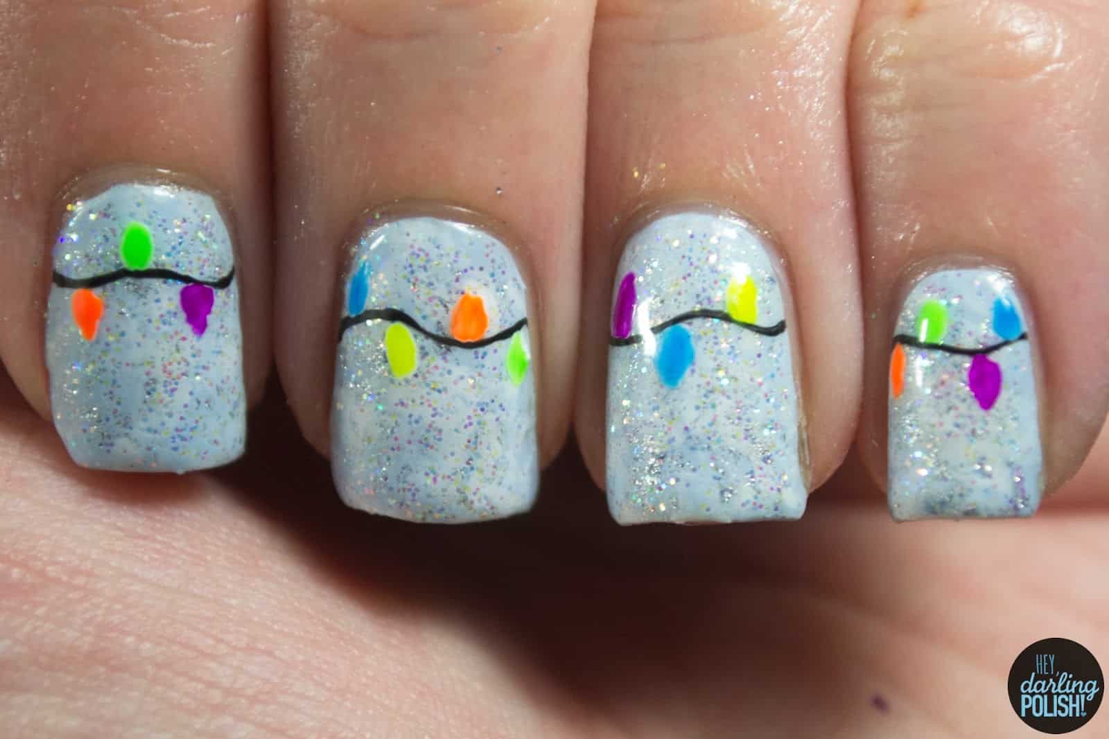 Glittery neon christmas light nails