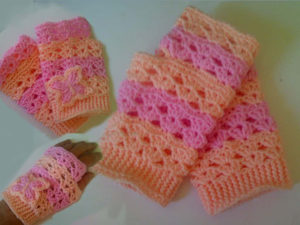 Lacy mitts with crocheted butterflies