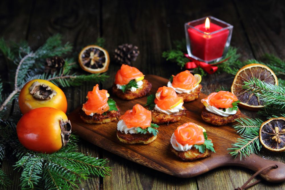 Salmon snack on potato pancake christmas snack ideas