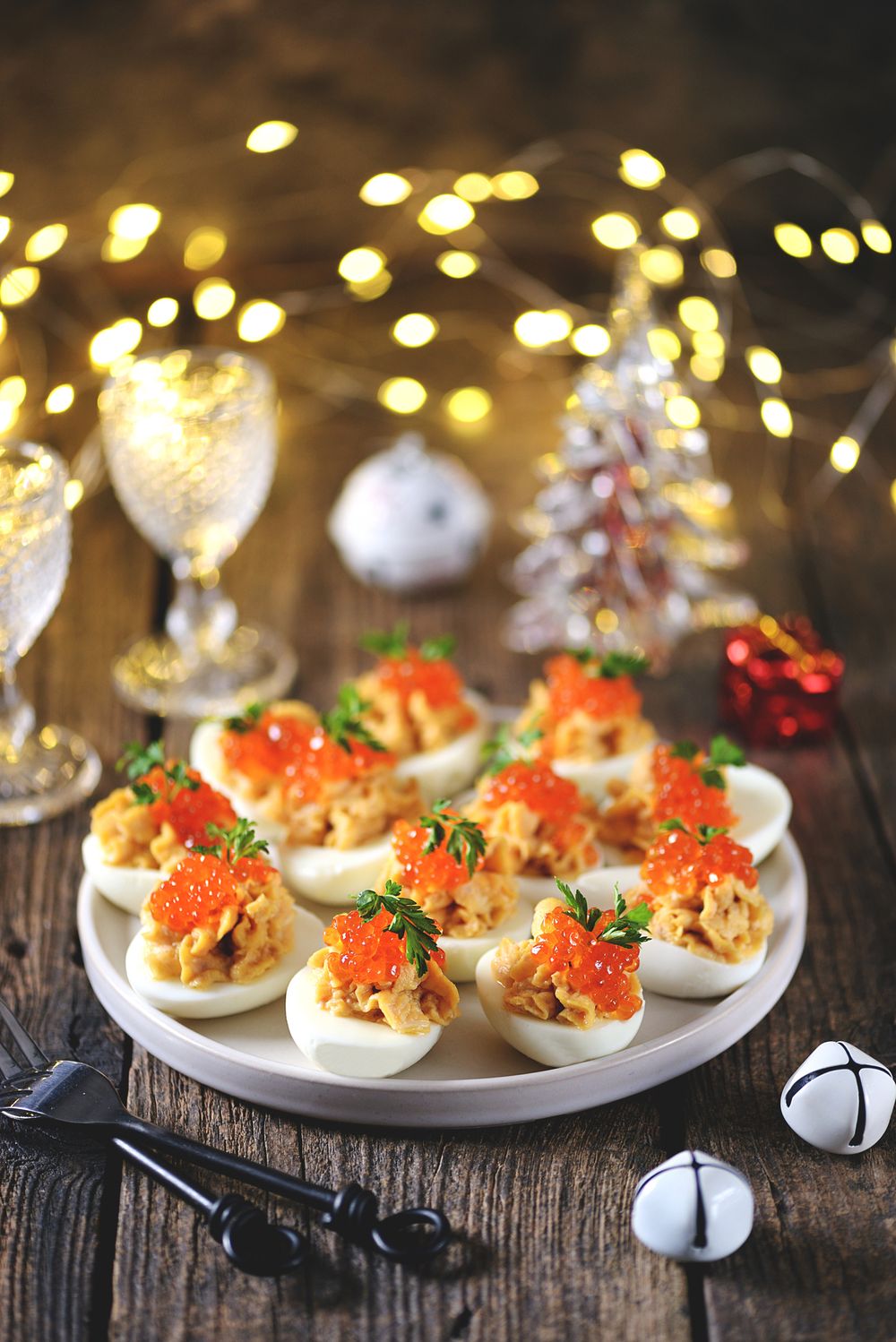 Stuffed eggs with salmon caviar christmas snack ideas