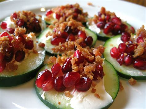 Cucumber, pomegranate, and bacon canape