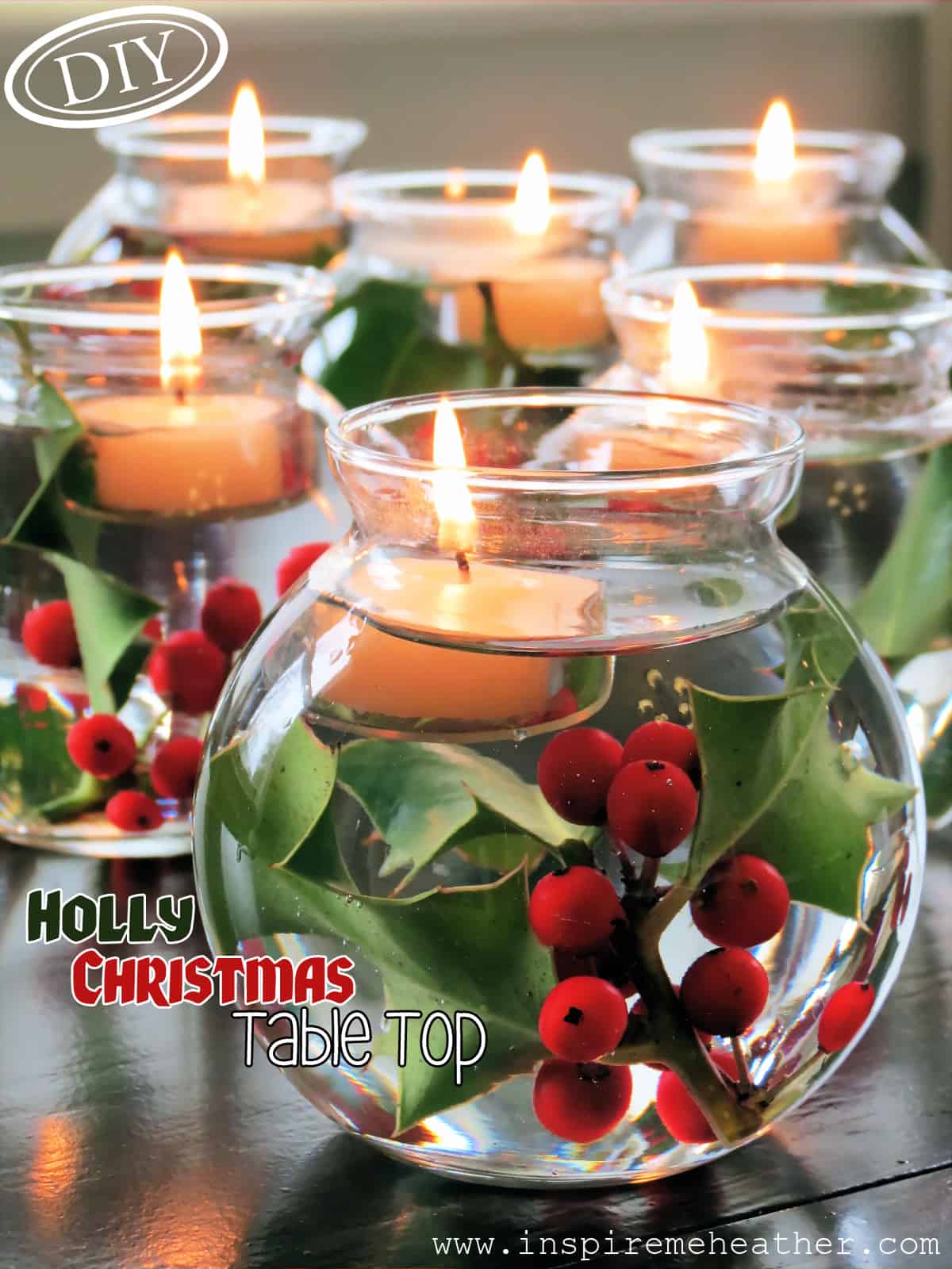 Floating candle and holly centrepiece