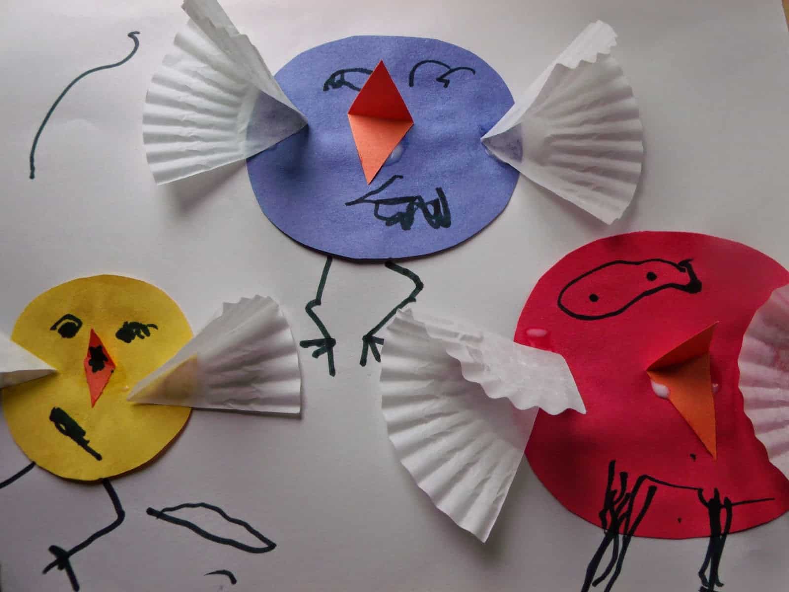 Paper parrots with coffee filter wings
