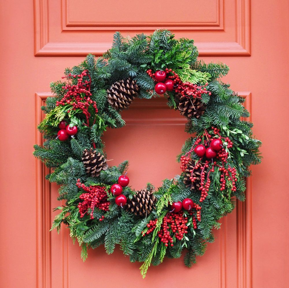 Pine branches and red berries wreath office door christmas decorations