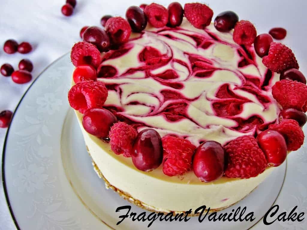 Raw cranbrery raspberry white chocolate cake