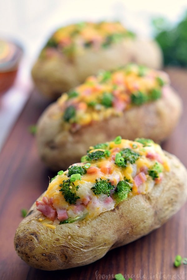 Cheesy ham broccoli twice baked potatoes