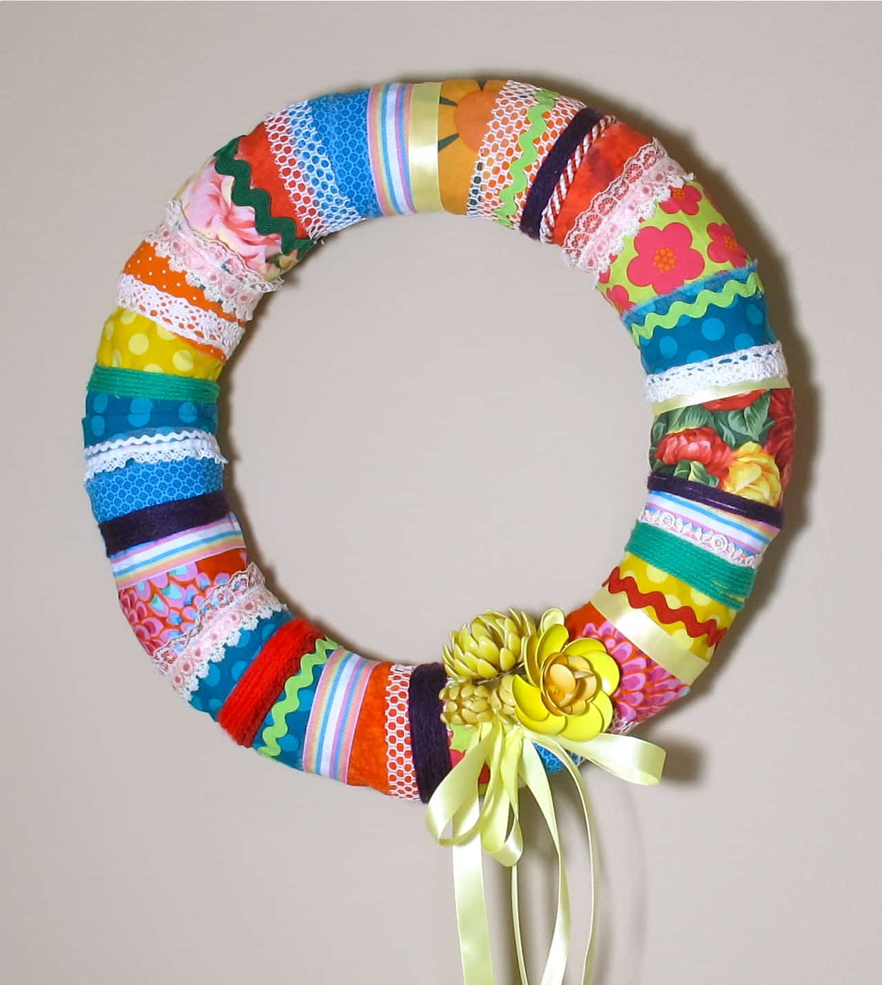Colourful wrapped ribbon wreath