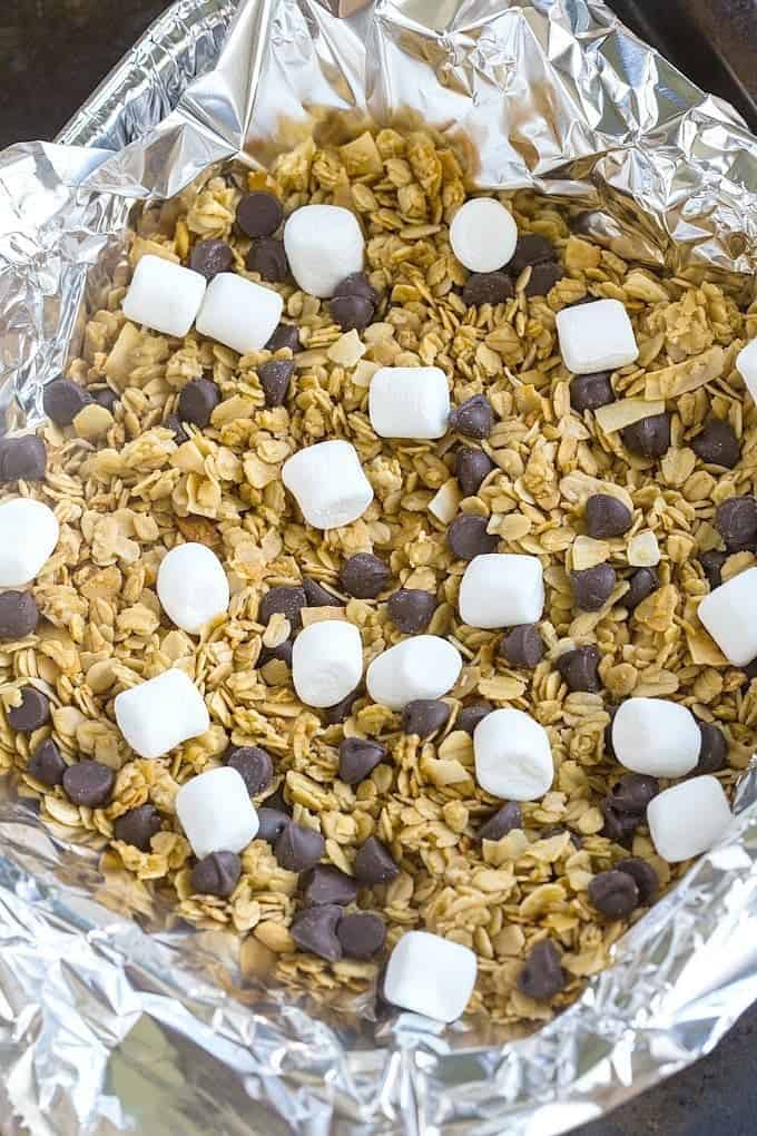 Tinfoil wrapped warm s'mores granola