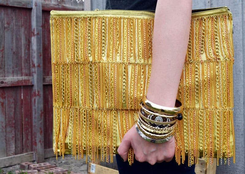 Diy gold chain fringe clutch