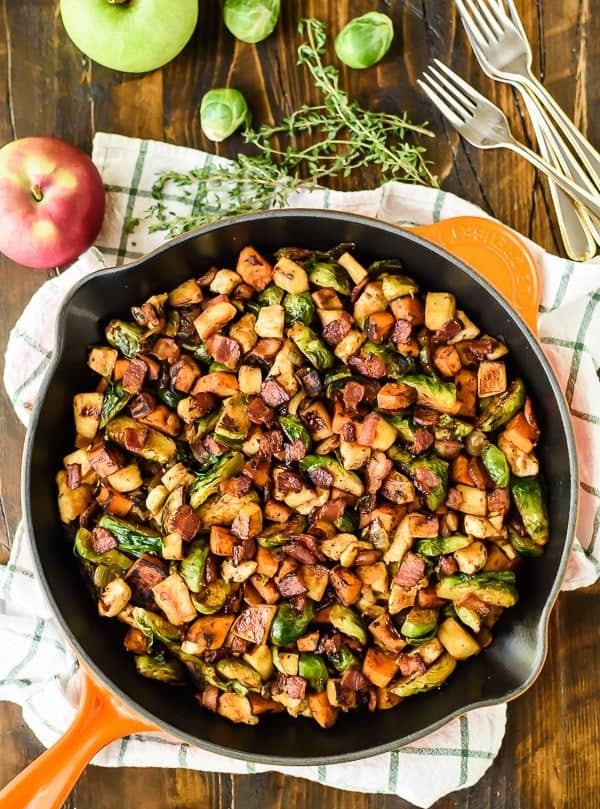 Chicken bacon brussels sprouts skillet with sweet potatoes and sauteed apples every fall flavor you love in a healthy delicious one pan meal