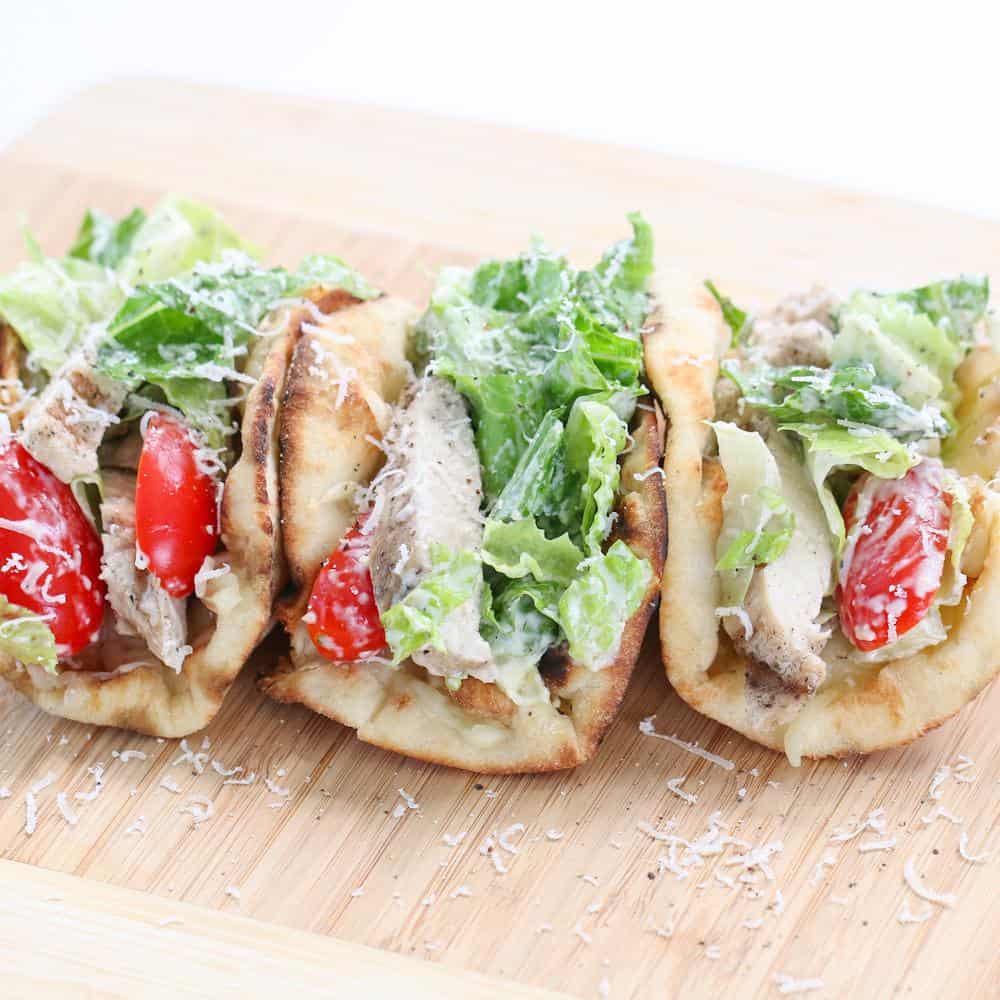 Chicken caesar pita pockets with red pepper