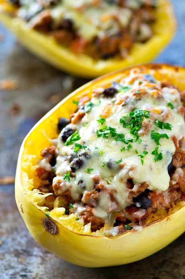 Chincinnati turkey chili spaghetti squash bowls