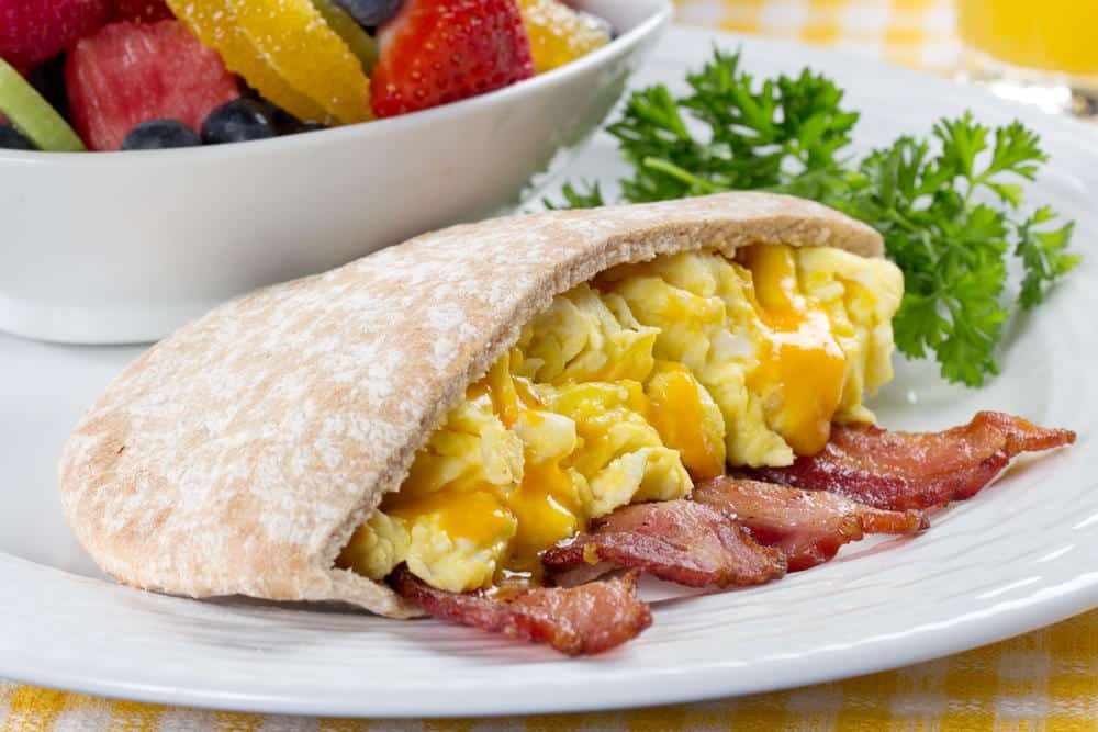 Perfect egg, cheese, and bacon breakfast pita