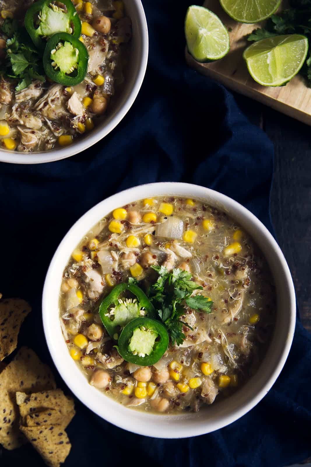 Slow cooker salsa verde chicken chickpea chili