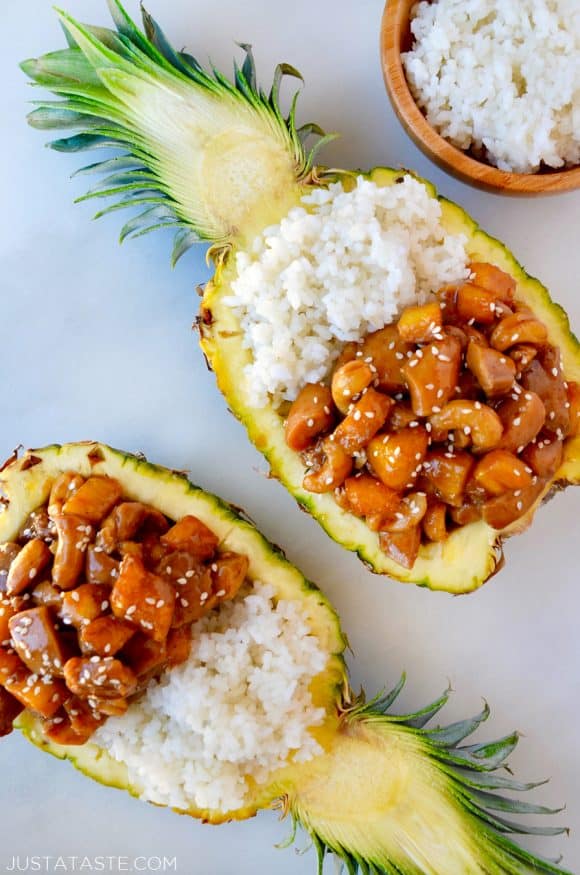 Sticky pineapple cashew chicken and rice