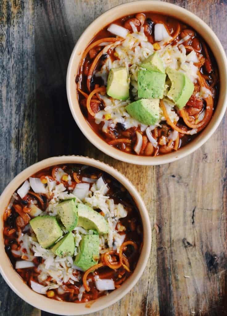 Vegan chili with bourbon and noodles
