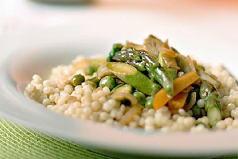 Braised spring vegetables with israeli couscous