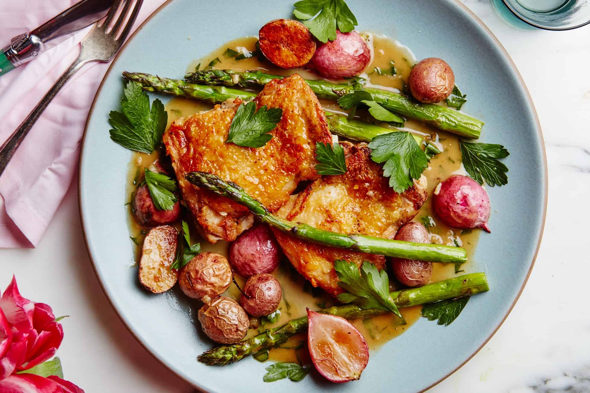 Crispy chicken thighs with spring vegetables