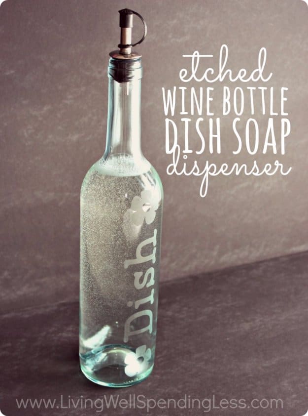 Diy etched wine bottle dish soap dispenser