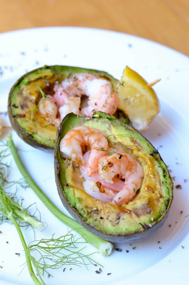 Grilled avocado with shrimp salad