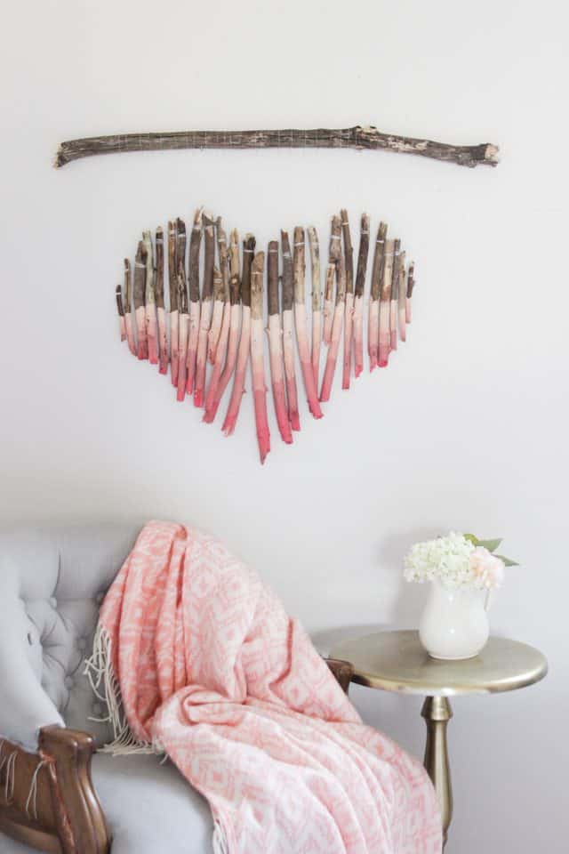 Ombre painted vertical stick heart mobile