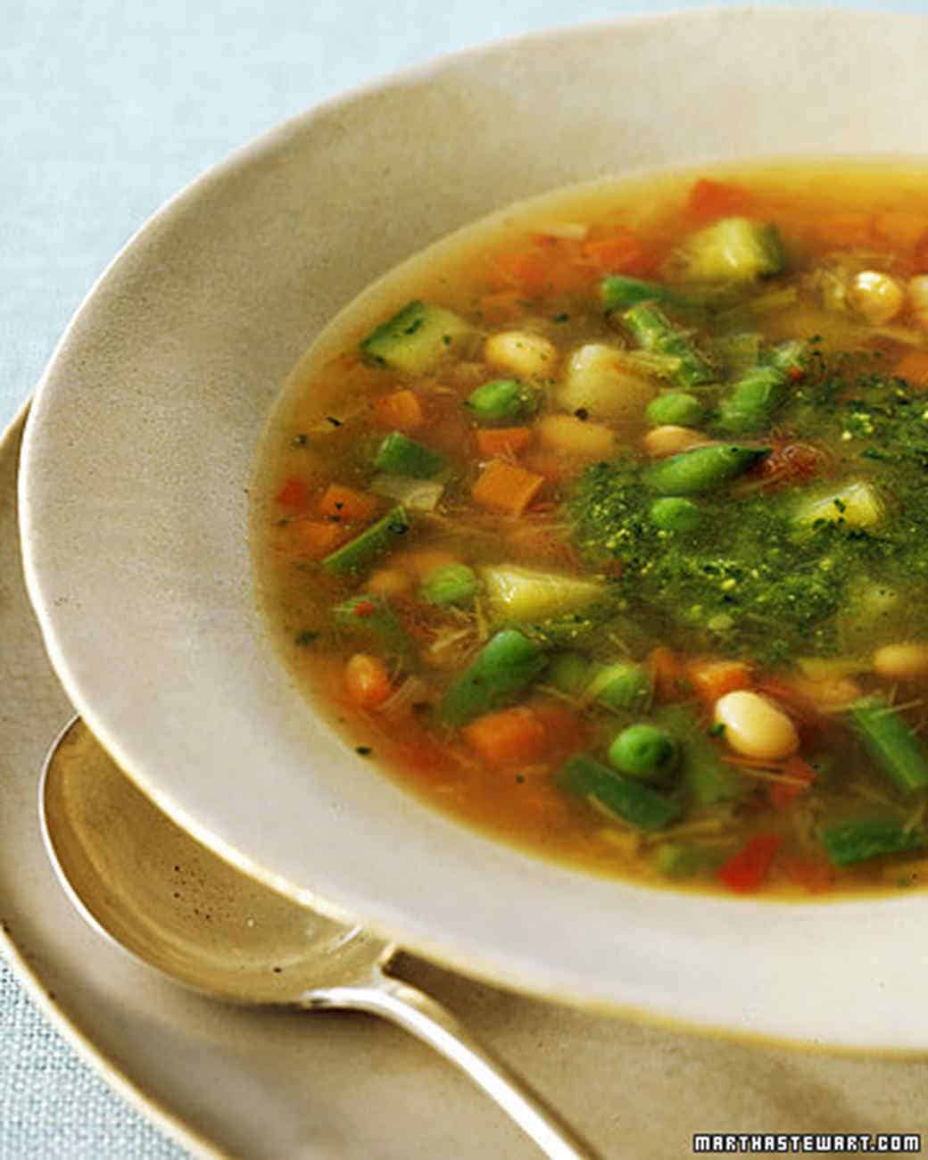 Spring vegetable soup with pesto