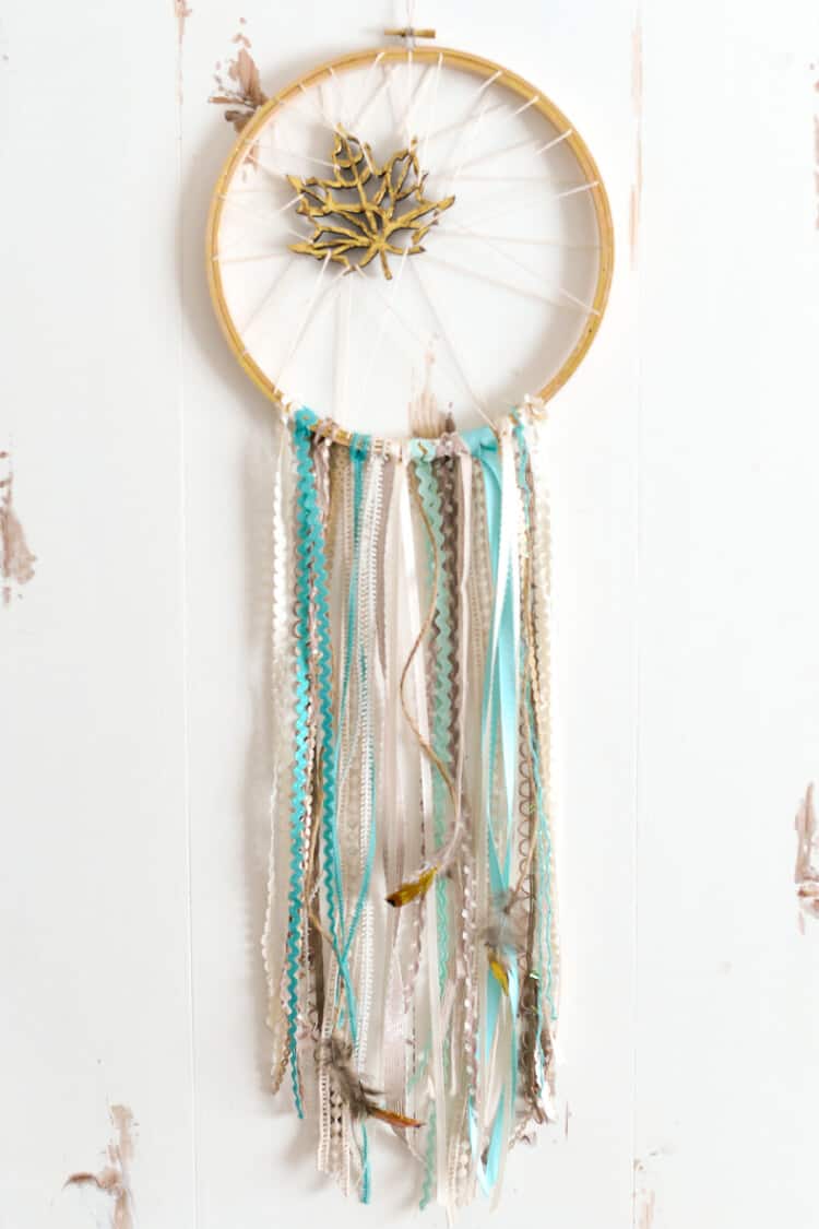 Golden leaf trinket and ribbons dream catcher