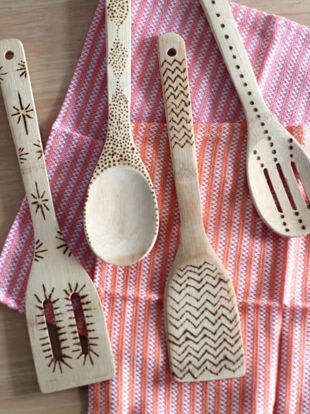 Graphic pattern wood burned kitchen utensils
