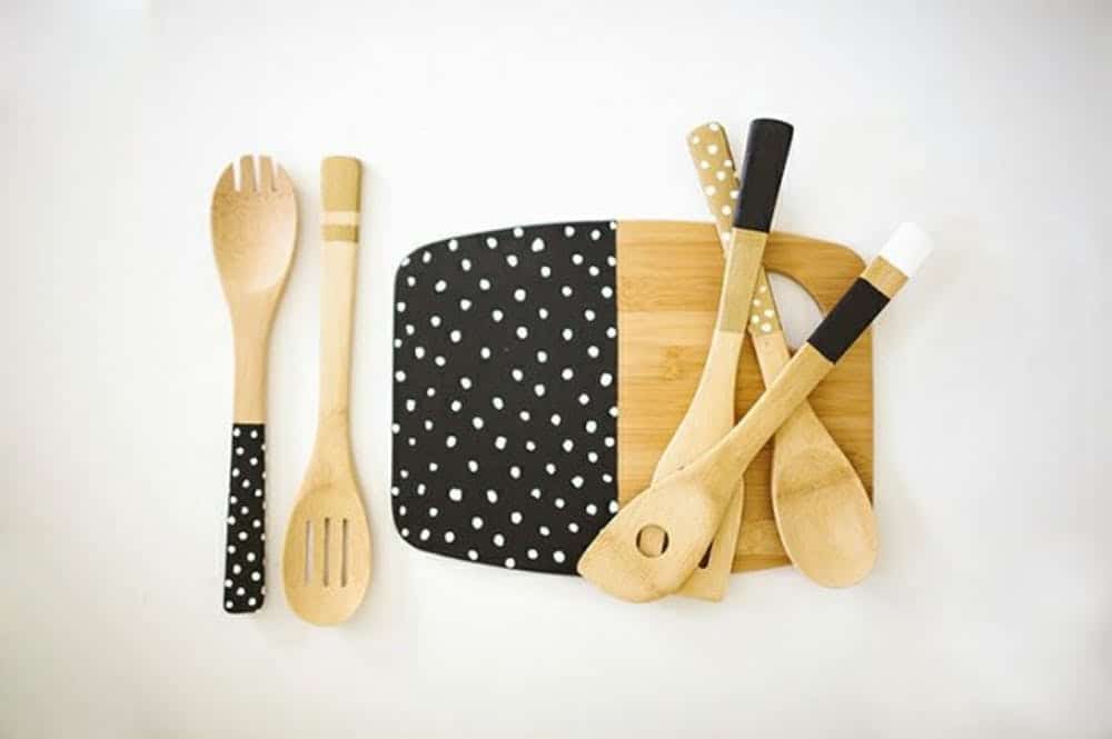 Polka dotted utensils and matching cutting board