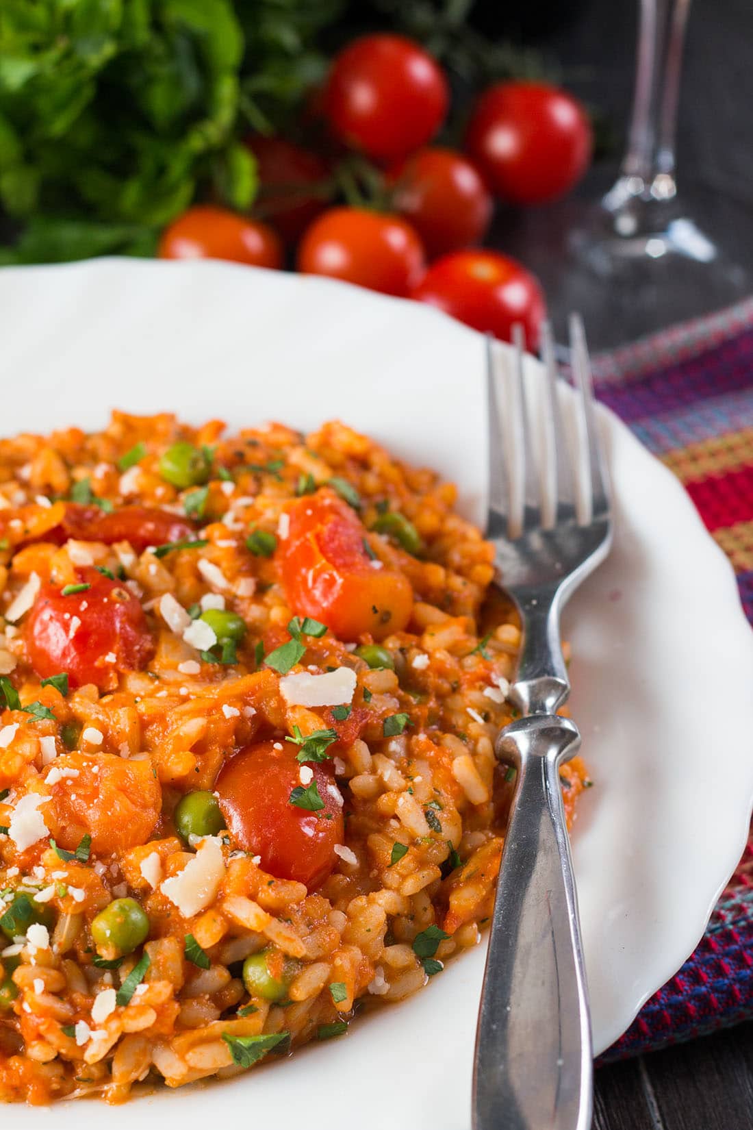 Roast tomato and pea risotto