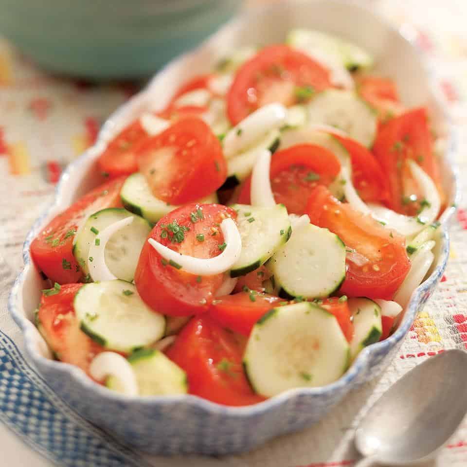 Summer tomato, onion, and cucumber salad